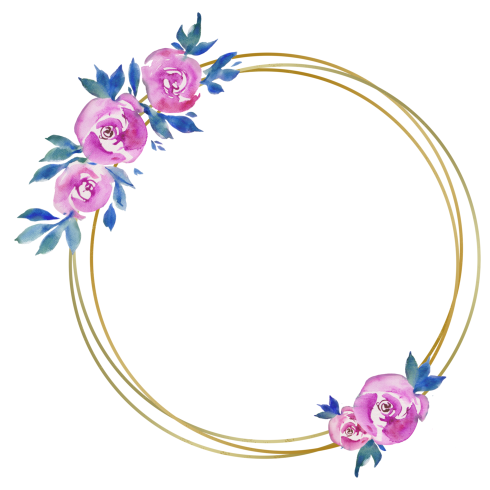 gyllene runda ram med rosa rosor, blommig design, bröllop monogram, vattenfärg illustrationer hälsning kort png