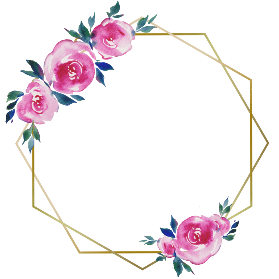 marco dorado con rosas rosadas, diseño floral, monograma de boda, ilustraciones de acuarela, composición en un marco geométrico dorado png