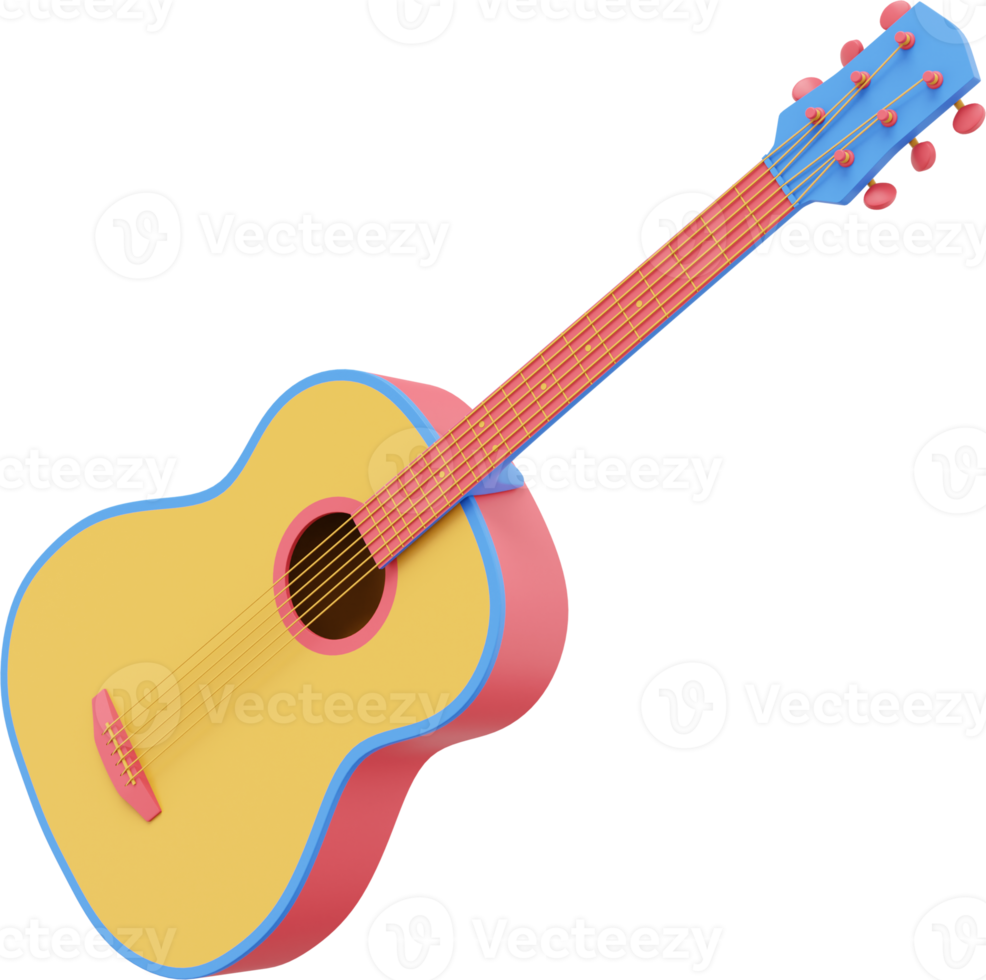 Multicolored acoustic guitar. 3D rendering. PNG icon on transparent background.