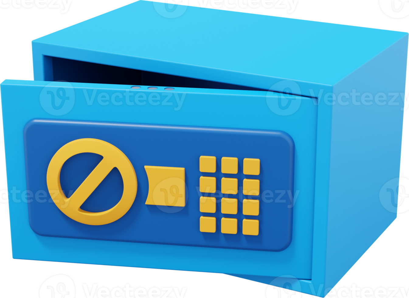 Modern safe with code lock. Blue open storage. PNG icon on transparent background. 3D rendering.
