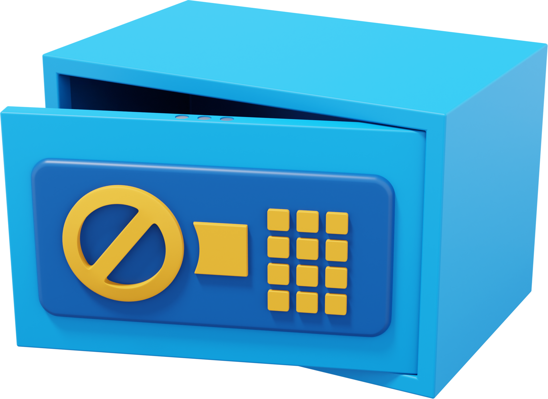Modern safe with code lock. Blue open storage. PNG icon on transparent