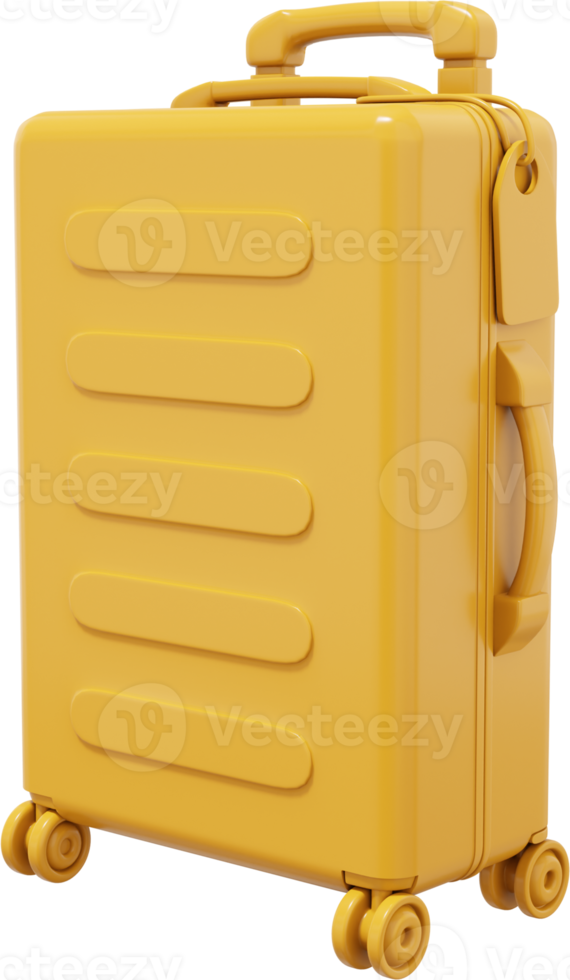Travel yellow suitcase on wheels with a handle. PNG icon on transparent background. 3D rendering.