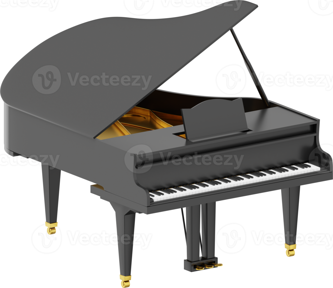 Realistic black grand piano, musical instrument. 3d rendering. PNG icon on transparent background.