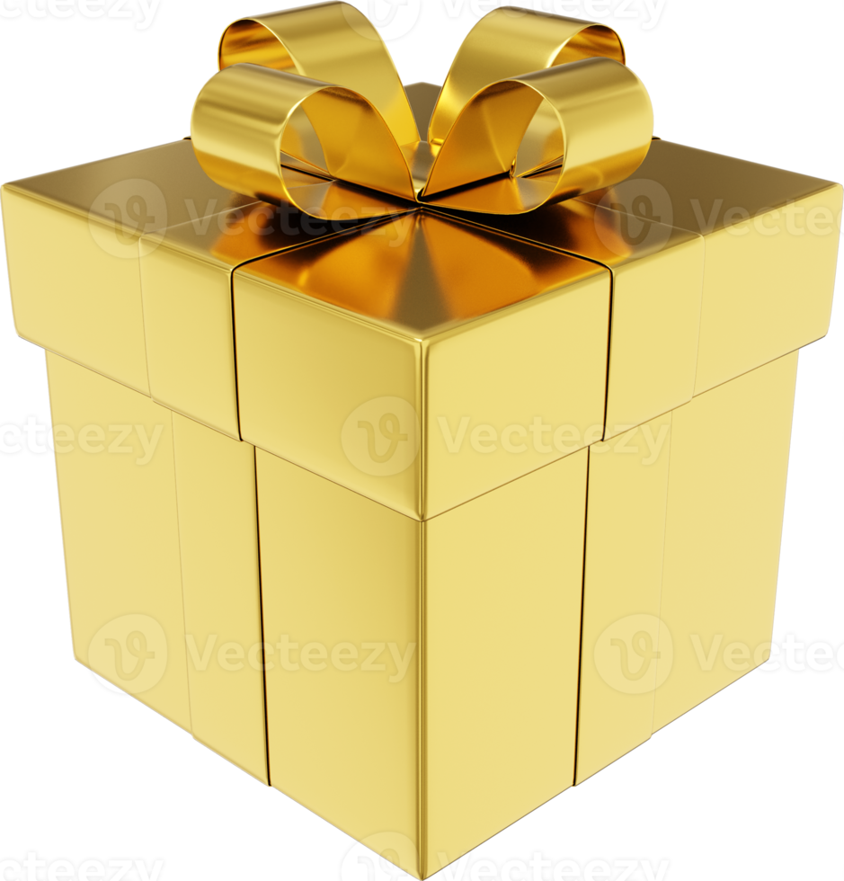 Realistic gold gift box with ribbon. 3D rendering. PNG Icon on transparent background.