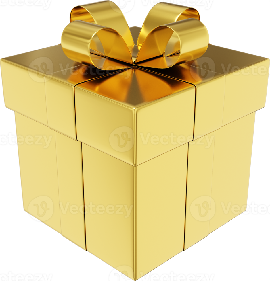 realistisch goud geschenk doos met lintje. 3d weergave. PNG icoon Aan transparant achtergrond.