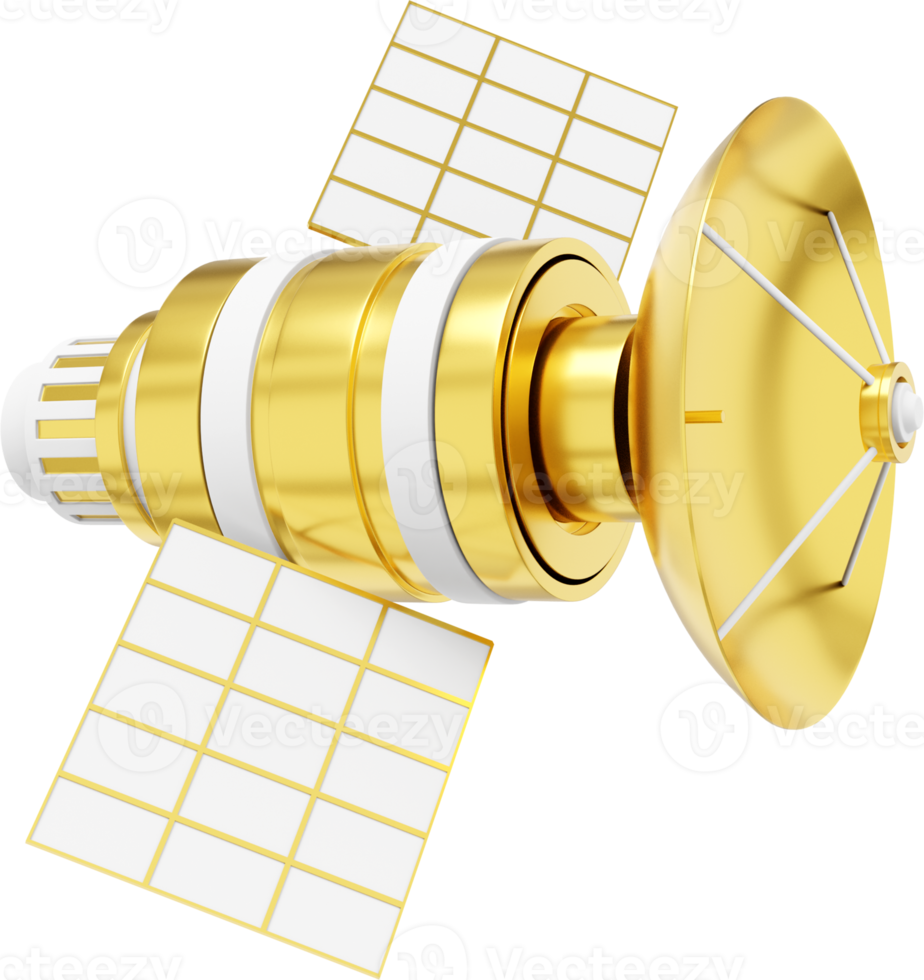 Space satellite with an antenna. Orbital communication station intelligence, research. 3D rendering. Metallic gold PNG icon on transparent background.