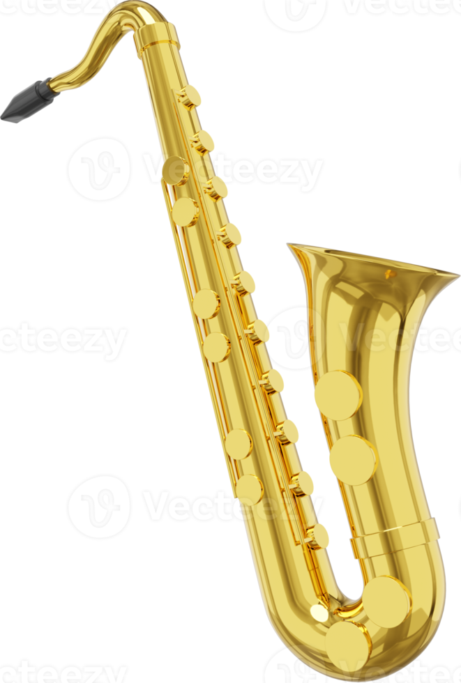 Saxophone gold metal, musical instrument, from side. 3d rendering. PNG icon on transparent background.