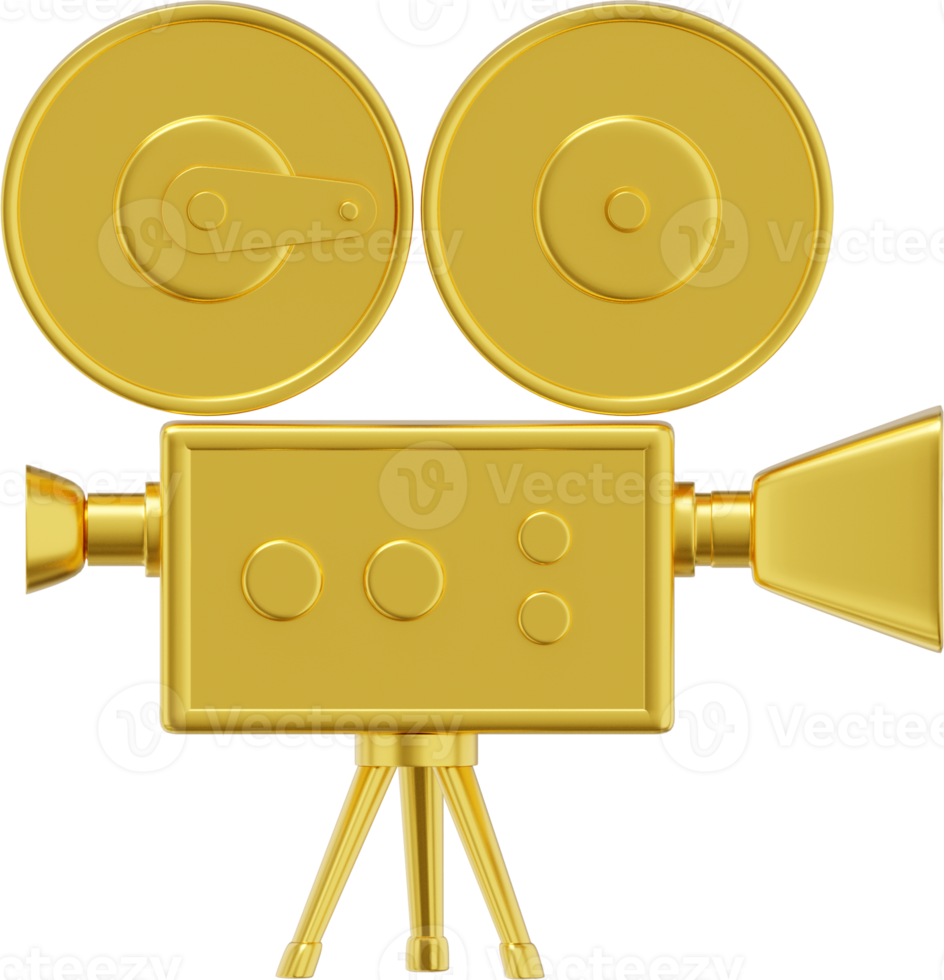 Vintage gold cartoon style movie camera. Funny retro video camera. 3D rendering. PNG icon on transparent background