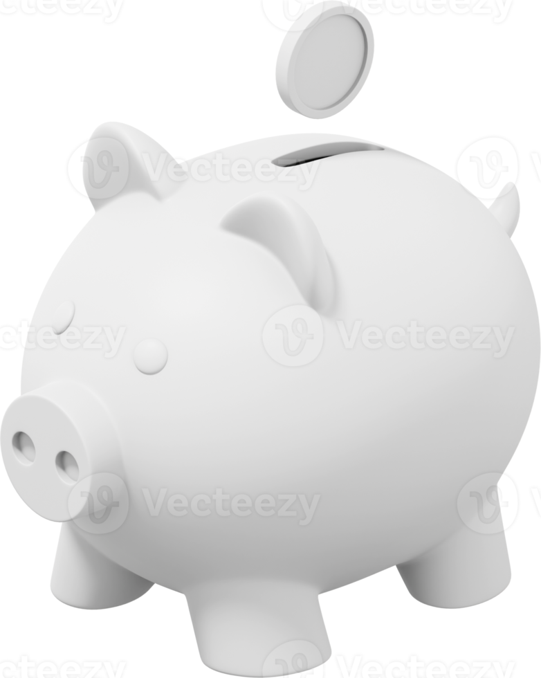 White piggy bank, dropping coins. PNG icon on transparent background. 3D rendering.