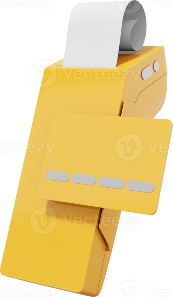 Payment Machine. NFC POS Terminal GPRS point with Paper Receipt and a credit card. Monochrome yellow color. Mockup screen. PNG on a transparent background. 3D rendering.