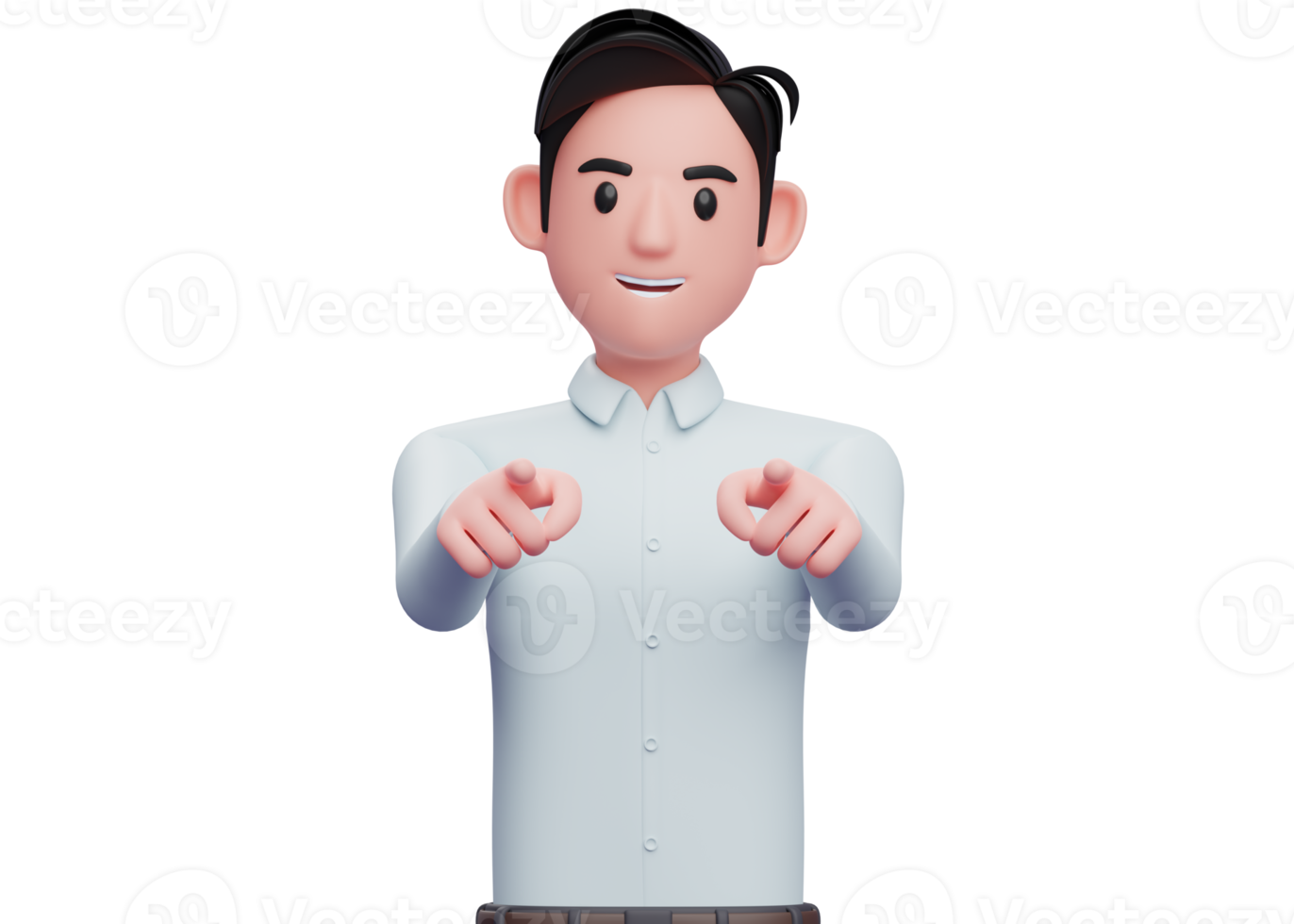 portrait of a businessman in a blue shirt pointing to the camera with both hand, 3d illustration of a businessman in a blue shirt pointing png