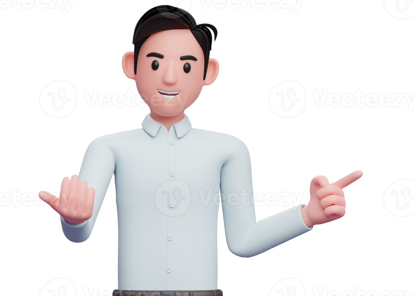 businessman in blue shirt come here gesture and pointing to the side, 3d illustration of a businessman in a blue shirt pointing png