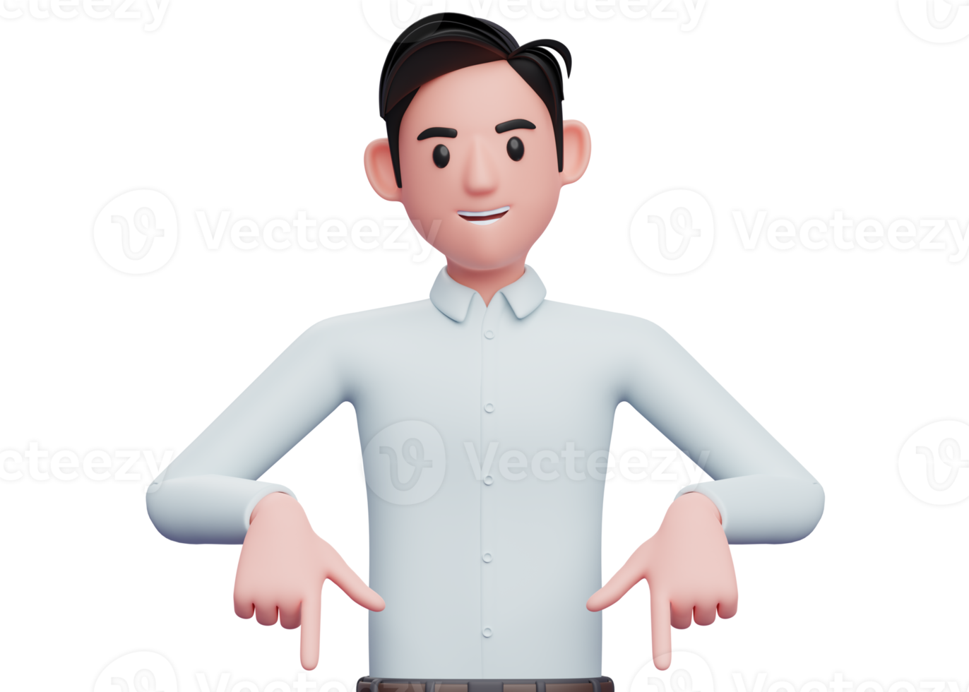 3d businessman pointing down, 3d illustration of businessman in blue shirt pointing png