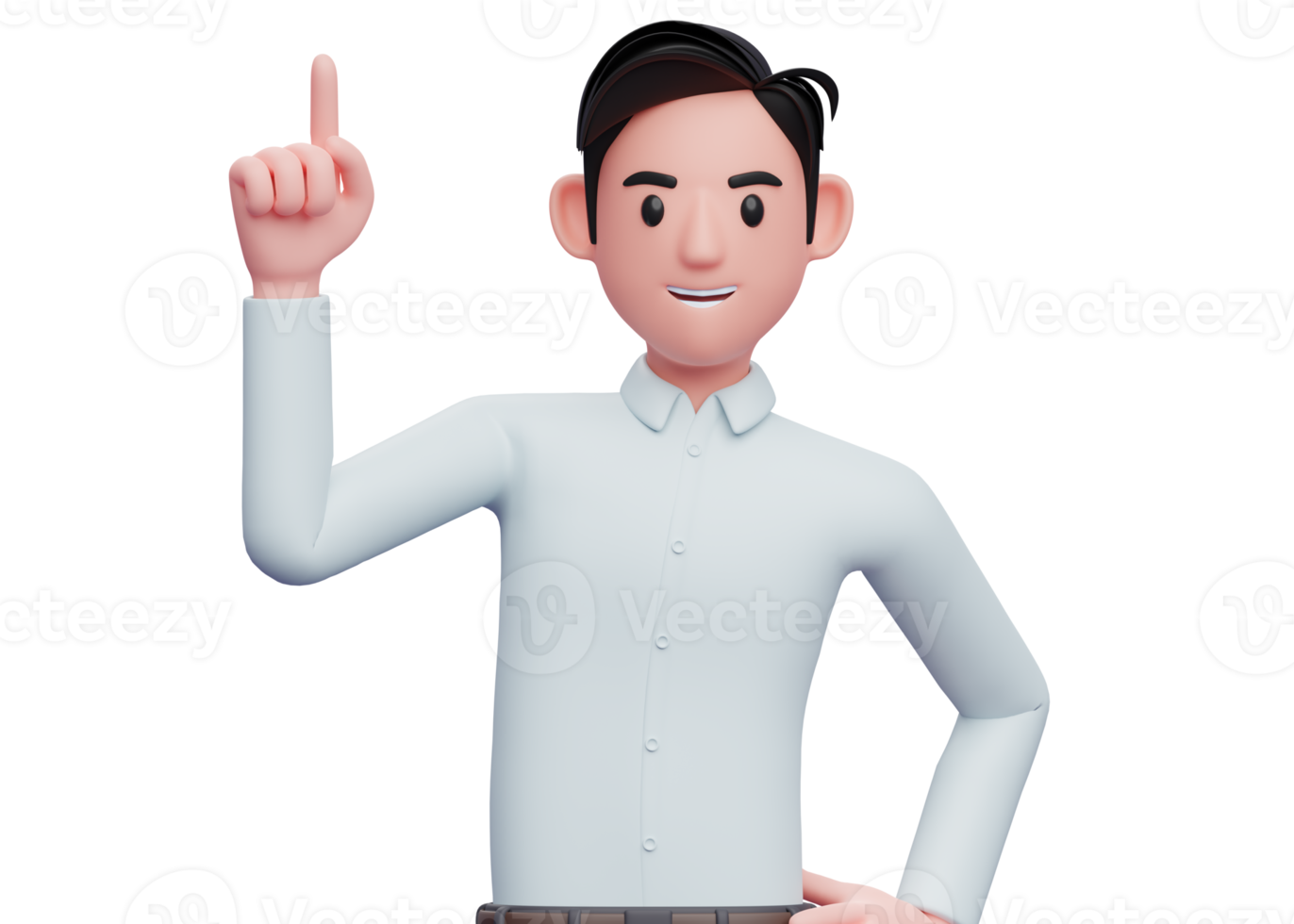 portrait of a businessman in a blue shirt pointing up with index finger, 3d illustration of a businessman in a blue shirt pointing png