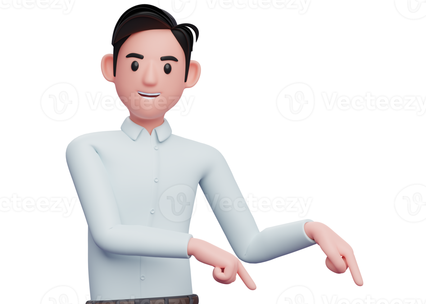 businessman in blue shirt pointing to bottom right corner, subscribe now, 3d illustration of a businessman in a blue shirt pointing png