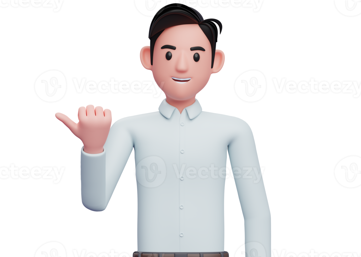 businessman in blue shirt pointing with thumb aside looking at the camera, 3D illustration of businessman pointing with thumb png