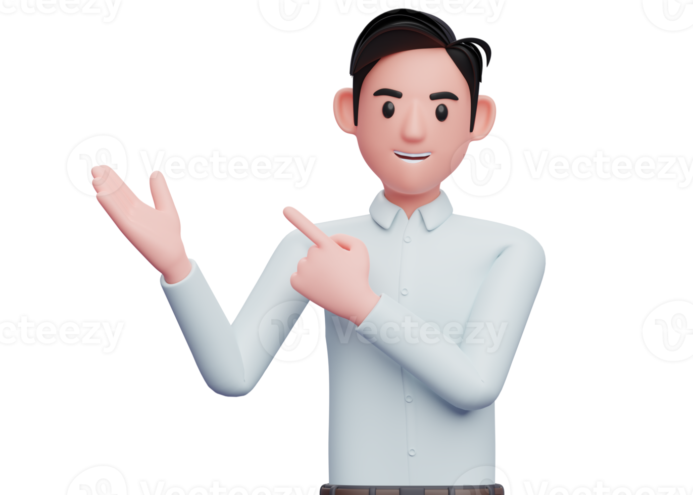 hombre de negocios con camisa azul señalando y recomendando pose, ilustración 3d del hombre de negocios con camisa azul apuntando hacia arriba png