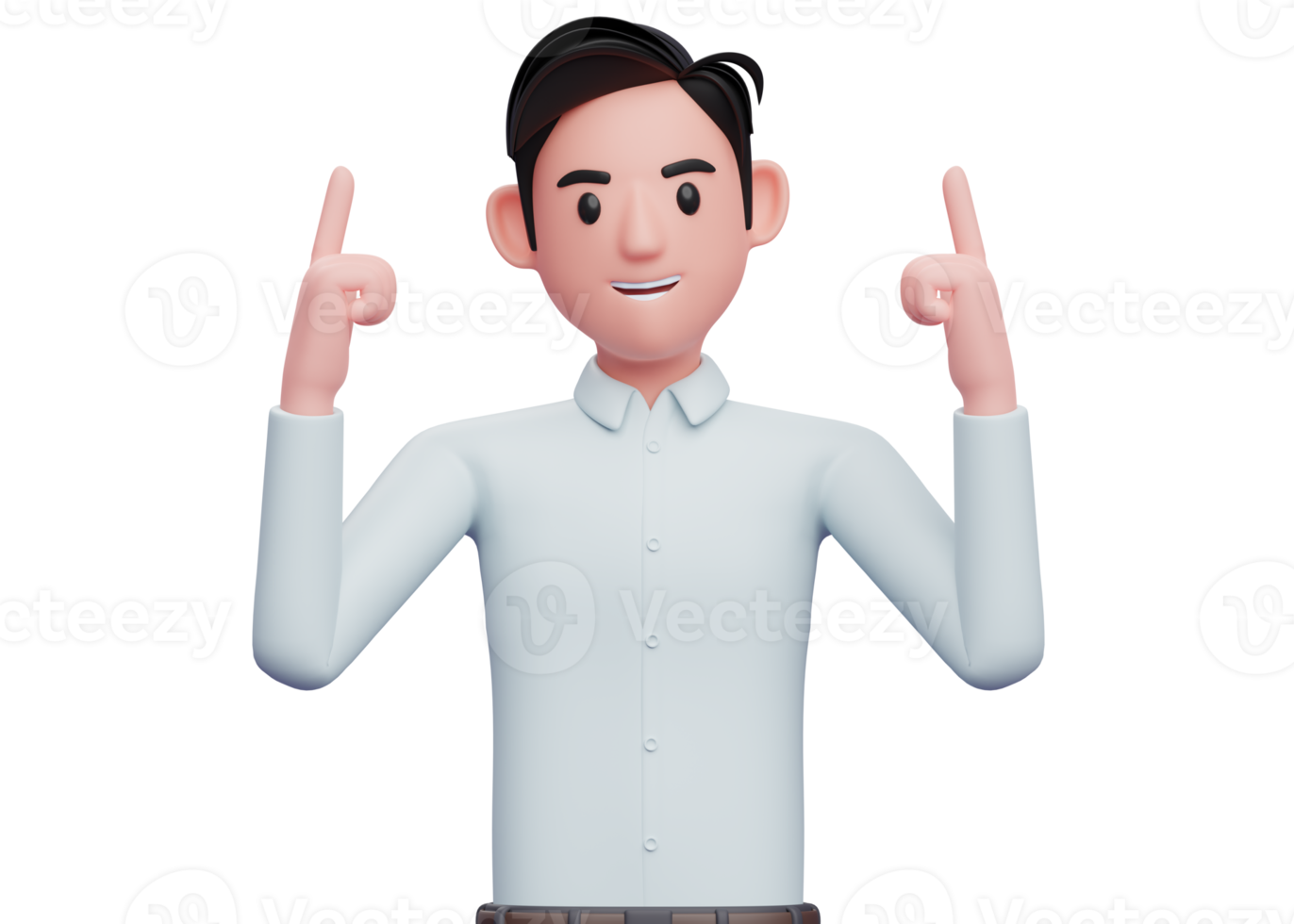 businessman in blue shirt pointing two fingers up, 3d illustration of a businessman in a blue shirt pointing png