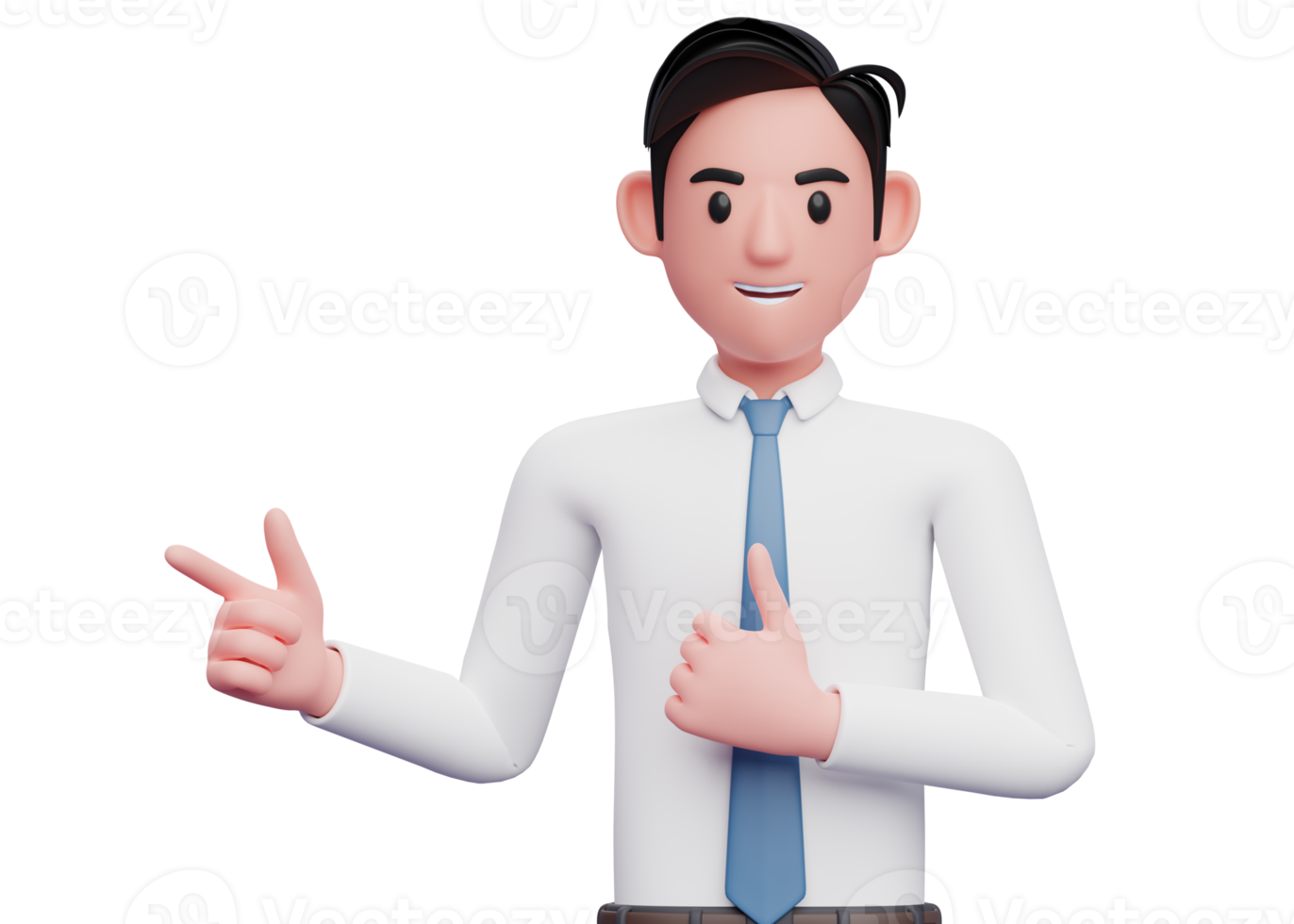 Businessman in white shirt and blue tie pointing and thumbs up, close up 3D illustration of businessman in white shirt pointing and thumbs up png