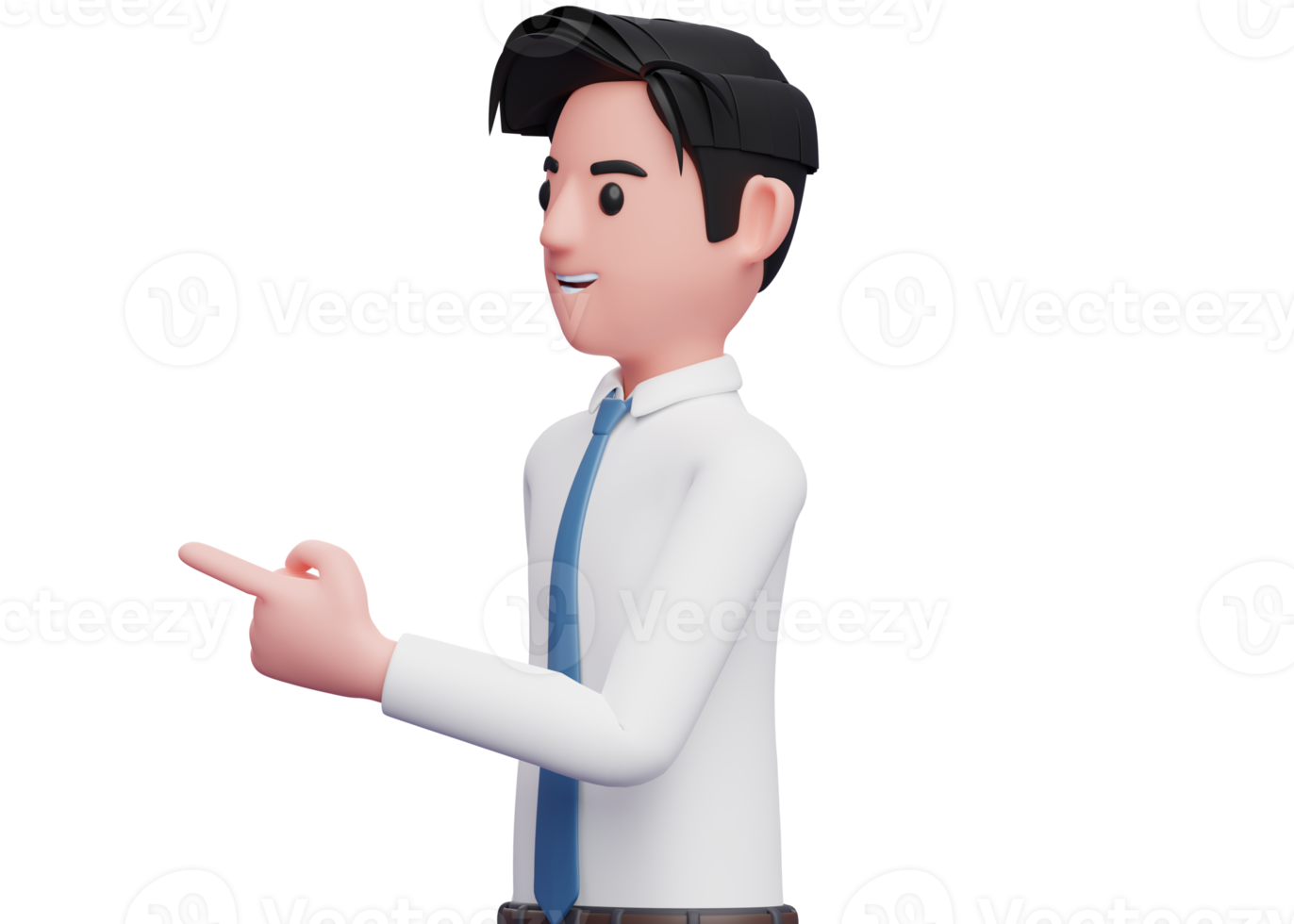 3d illustration of a man in white shirt and blue tie facing side and pointing, businessman in white shirt pointing illustration png