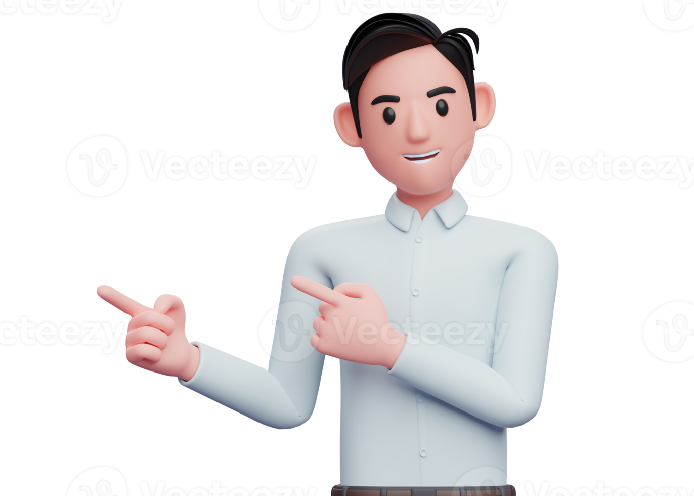 homem de camisa azul apontando para o lado com os dois dedos indicadores, ilustração 3d de um empresário inteligente apontando png