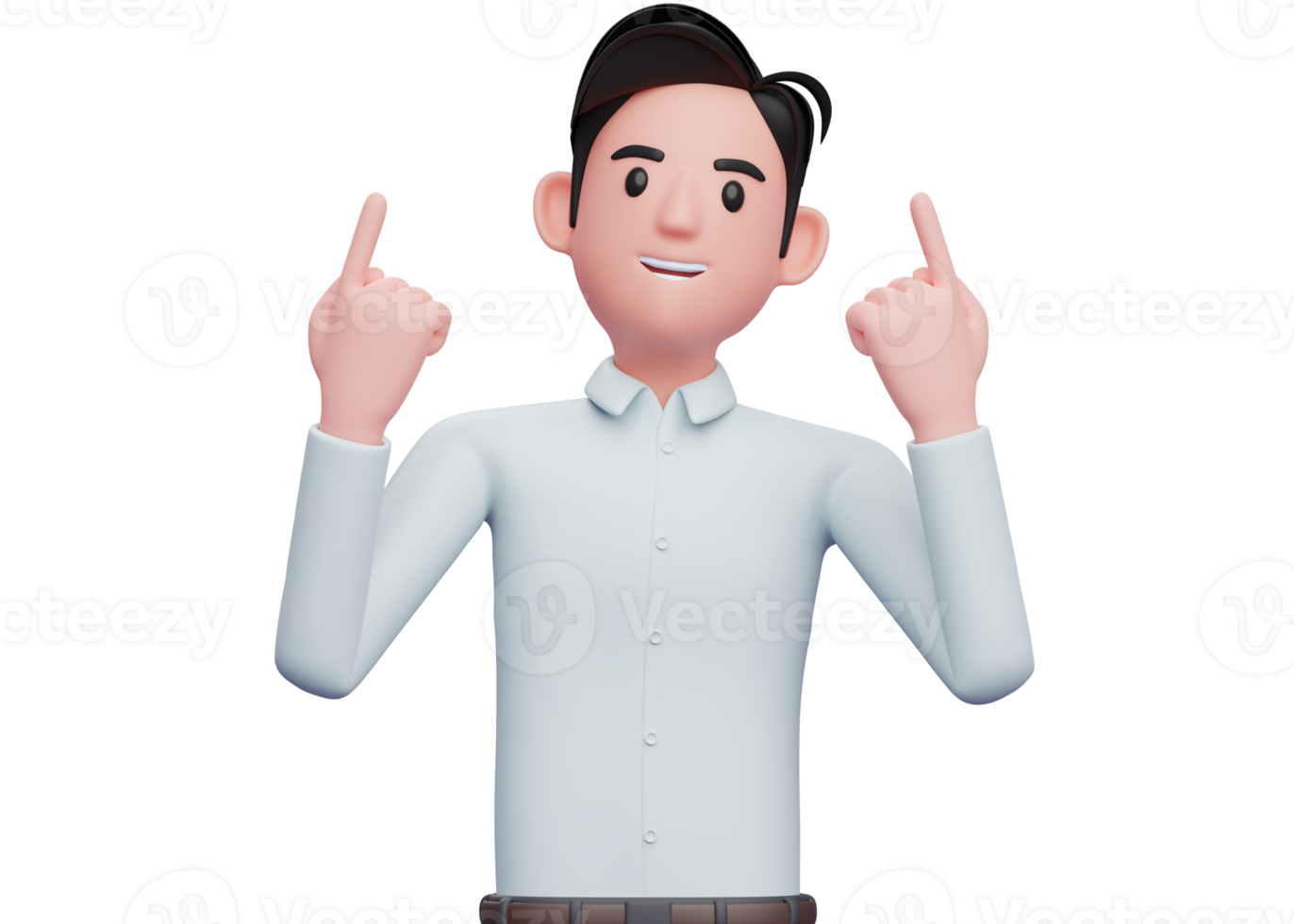 businessman in blue shirt raises both index fingers and looks up, 3d illustration of a businessman in a blue shirt pointing up png