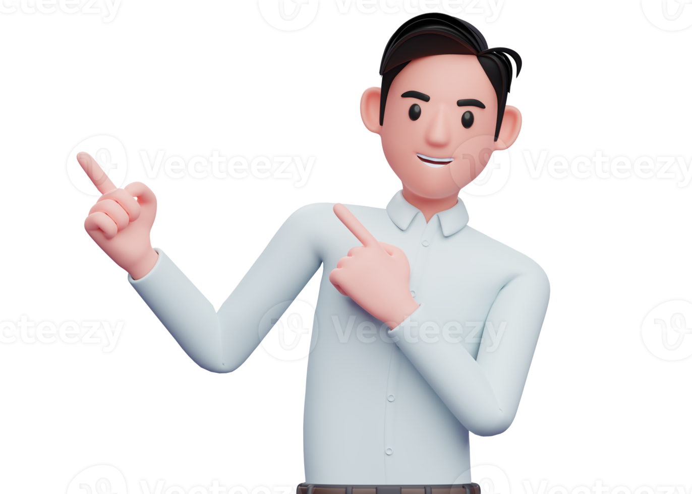 Businessman in blue shirt Pointing to the top side with both hands, 3D illustration of smart boy pointing illustration png