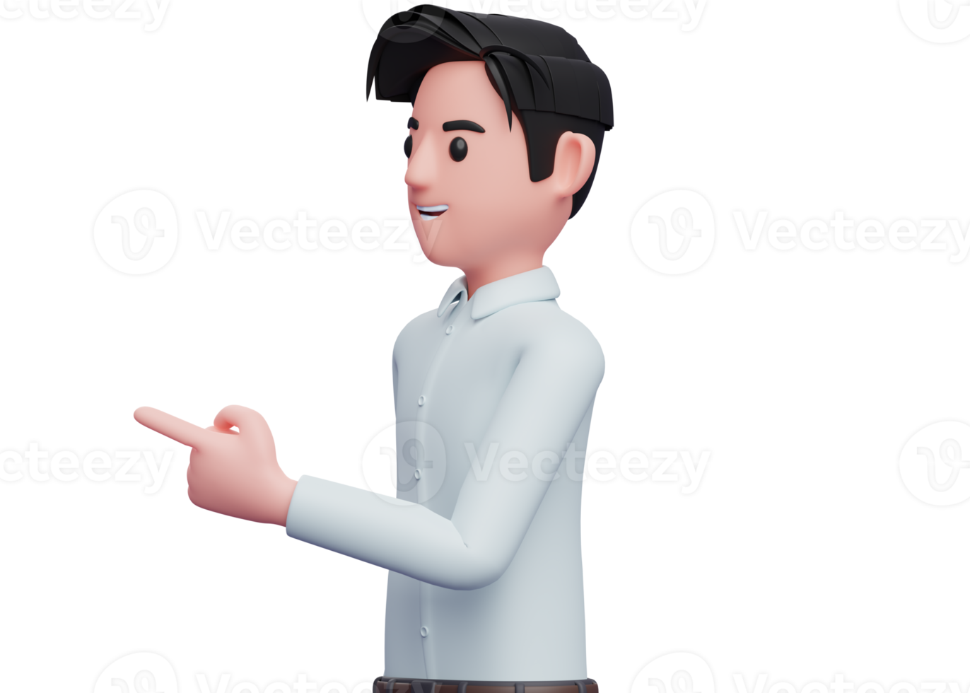 3d illustration of a man in blue shirt facing side and pointing, businessman in blue shirt pointing illustration png