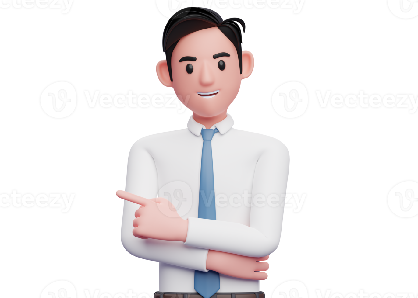 businessman in white shirt and blue tie pointing to the left and hand crossed on chest, 3D illustration of businessman pointing png