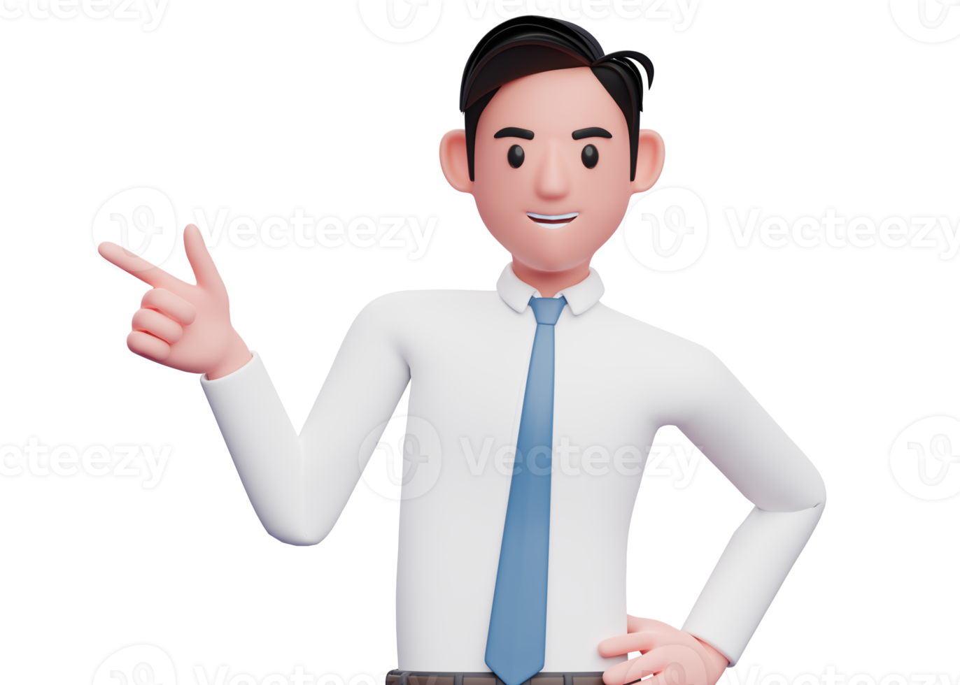 portrait of a businessman in a white shirt pointing gun finger to the left, 3d illustration of a businessman in a white shirt pointing png