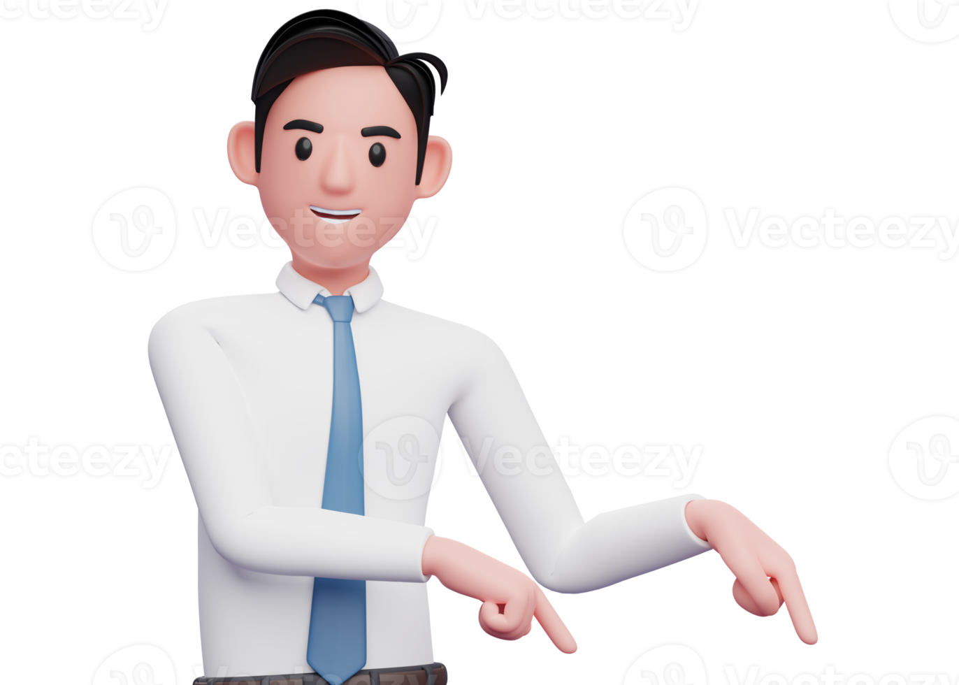 businessman in white pointing to the lower right corner, 3d illustration of businessman in white pointing to the lower right corner inviting to subscribe png