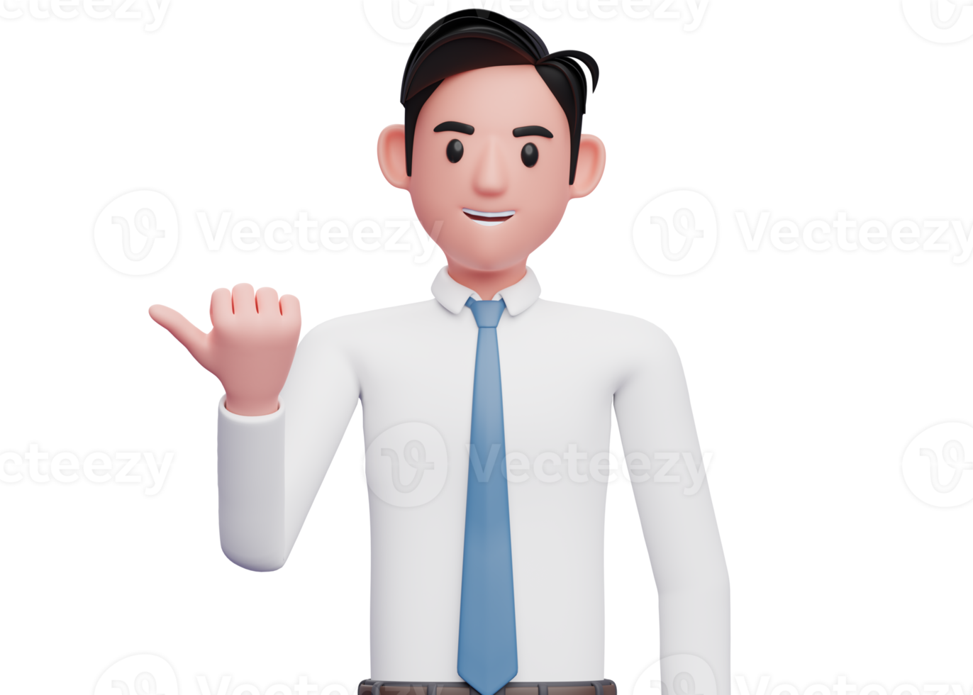 businessman in white shirt blue tie pointing with thumb aside looking at the camera, 3D illustration of businessman pointing with thumb png