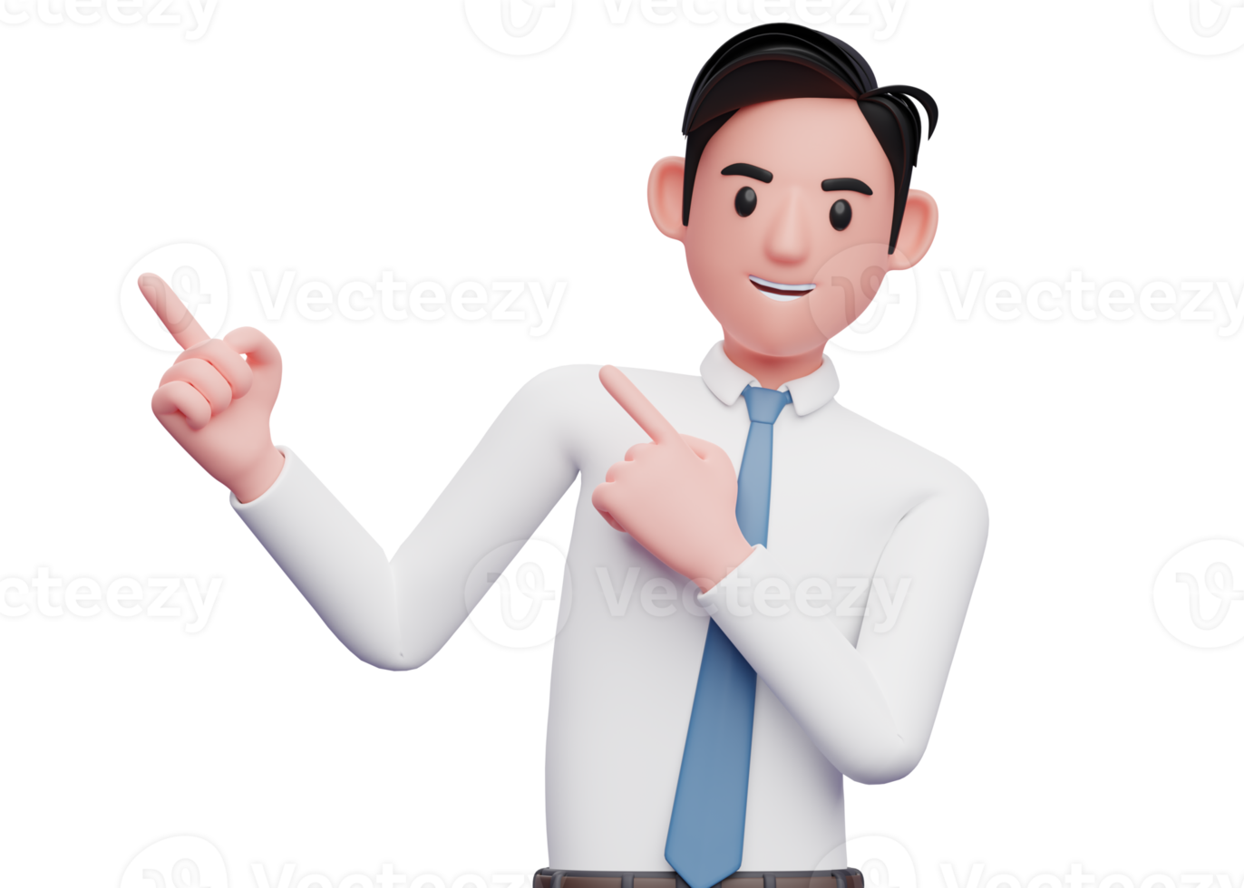 Businessman in white shirt and blue tie Pointing to the top side with both hands, 3D illustration of businessman Pointing to the top side with both hands png