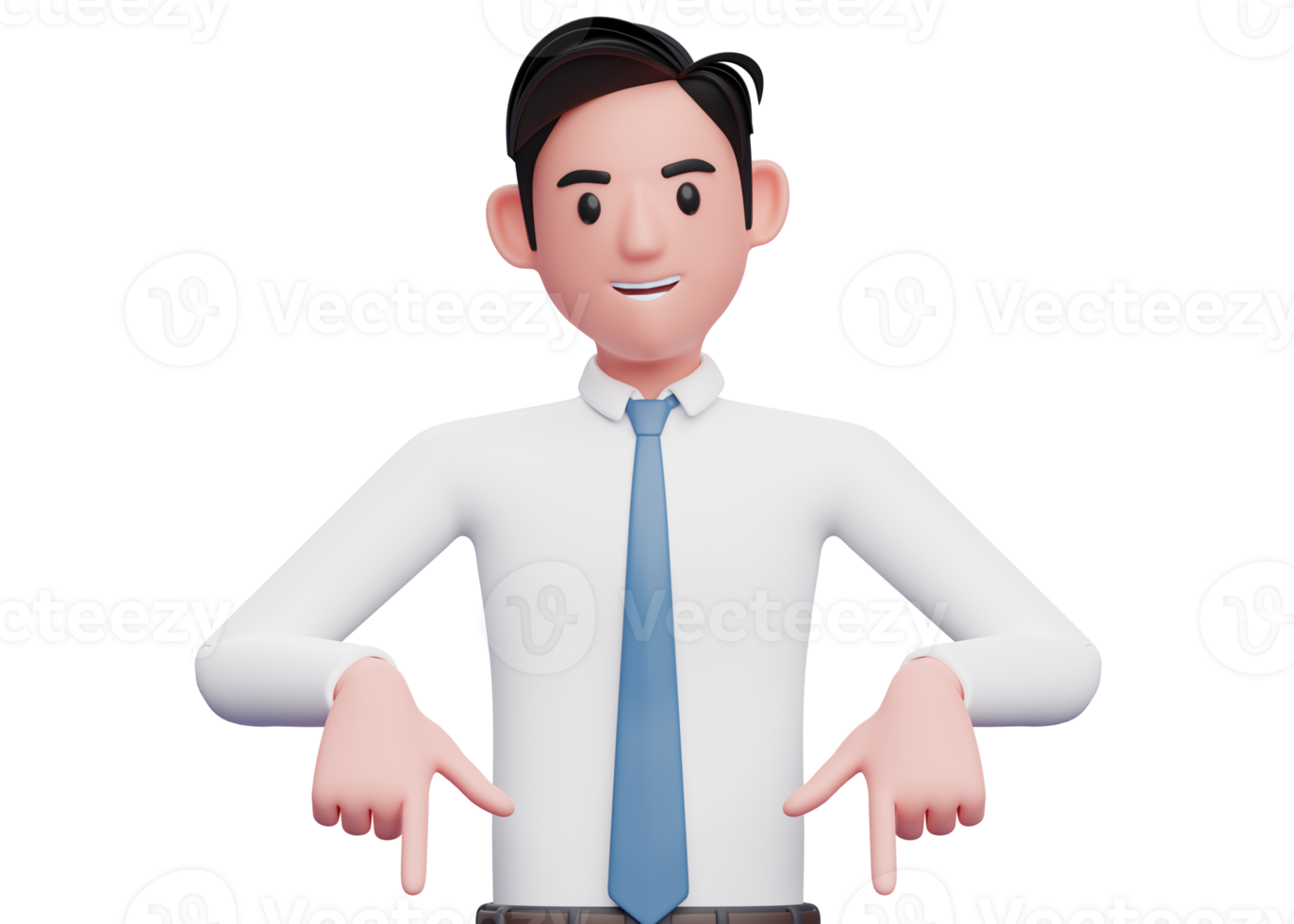 3d businessman pointing down, 3d illustration of businessman in clean shirt pointing png