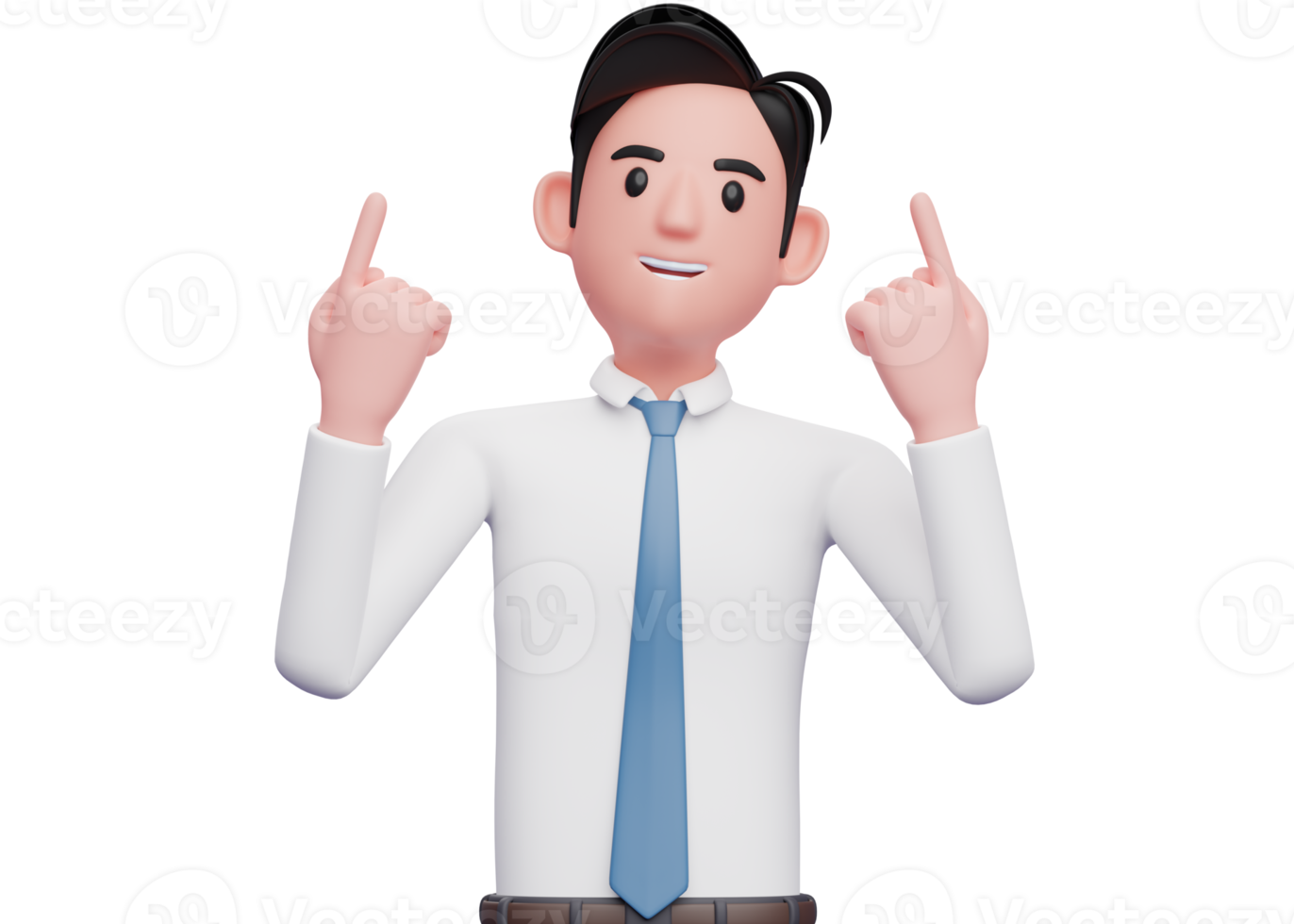 businessman in white and blue tie raises both index fingers and looks up, 3d illustration of a businessman pointing up being grateful png