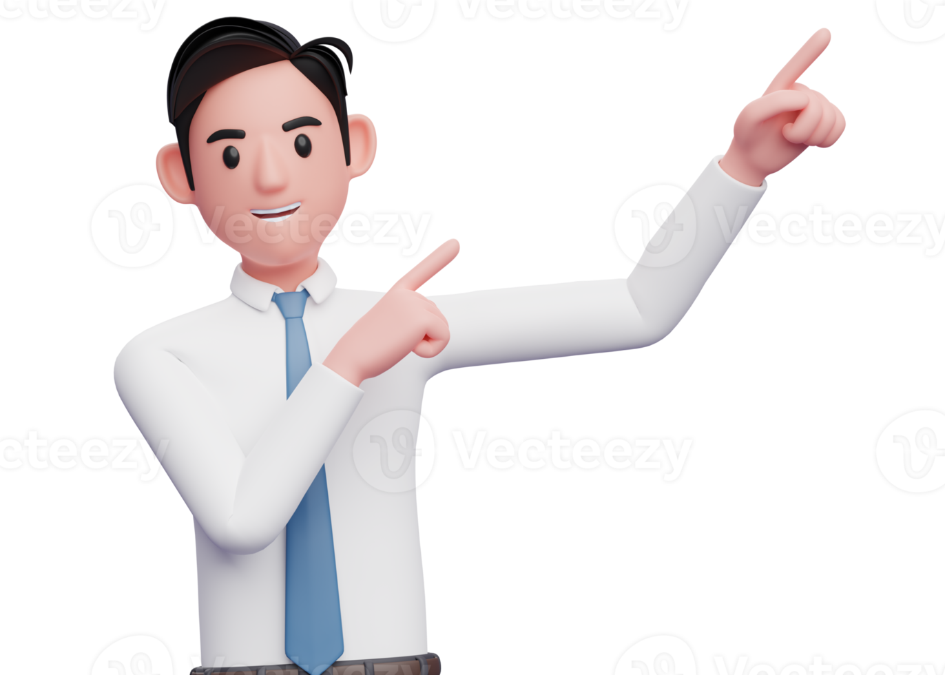 businessman in white shirt raising both hands pointing to the top right corner, 3d illustration of a businessman pointing to the top right corner with both finger png