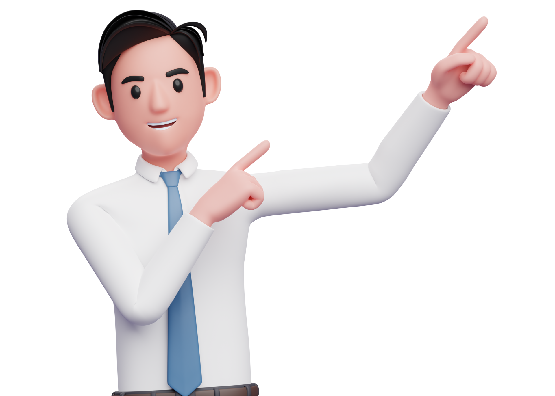 businessman in white shirt raising both hands pointing to the top right corner, 3d illustration