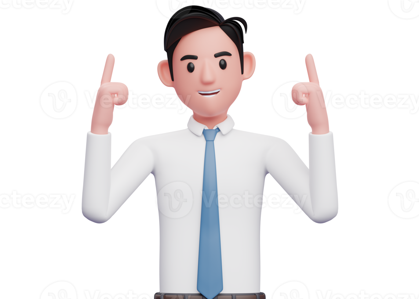 businessman in white shirt and blue tie pointing two fingers up, 3d illustration of a businessman pointing two fingers up png