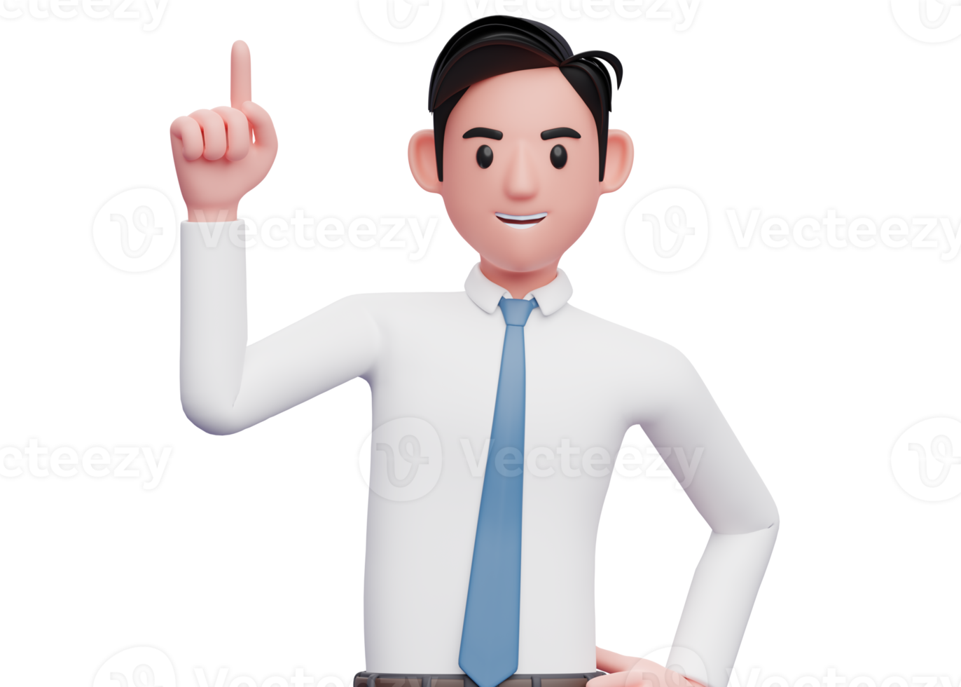 portrait of a businessman in a white shirt blue tie pointing up with index finger, 3d illustration of a businessman raising finger png