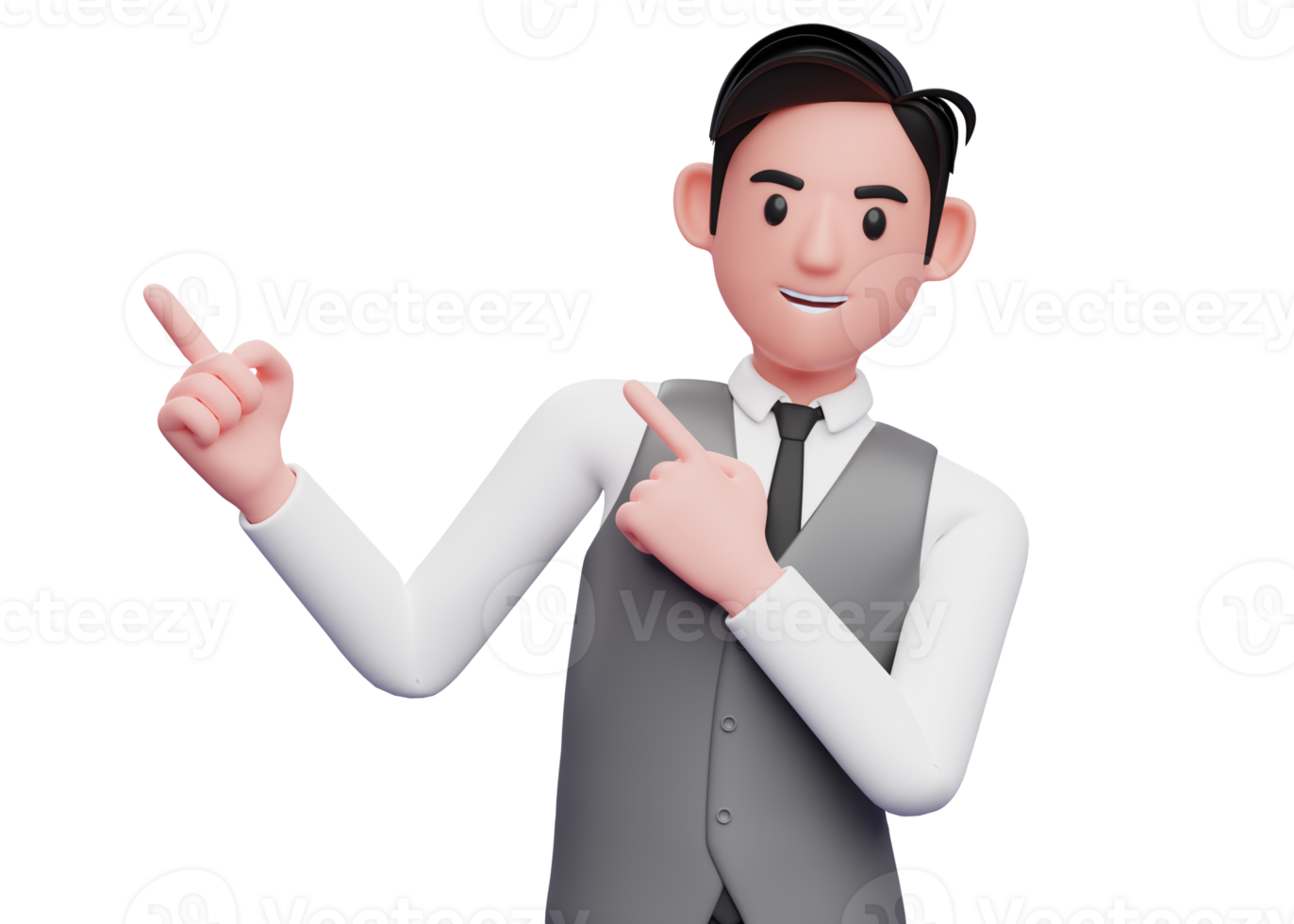 Businessman in gray vest suit Pointing to the top side with both hands, 3D illustration of businessman Pointing to the top side with both hands png