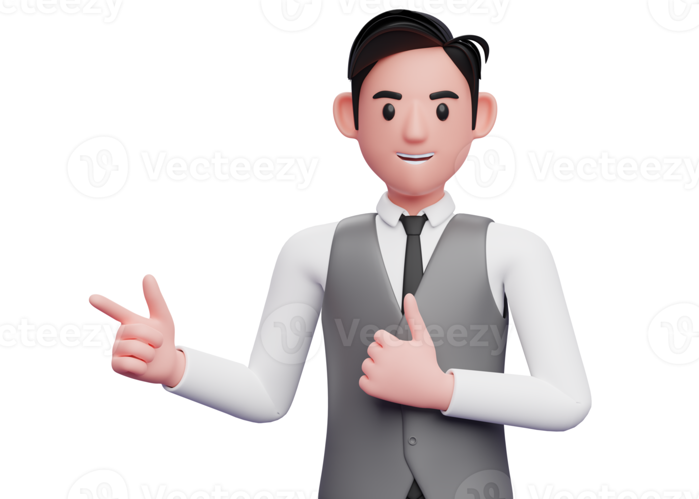 Businessman in gray vest suit pointing and thumbs up, close up 3D illustration of businessman in gray vest suit pointing and thumbs up png
