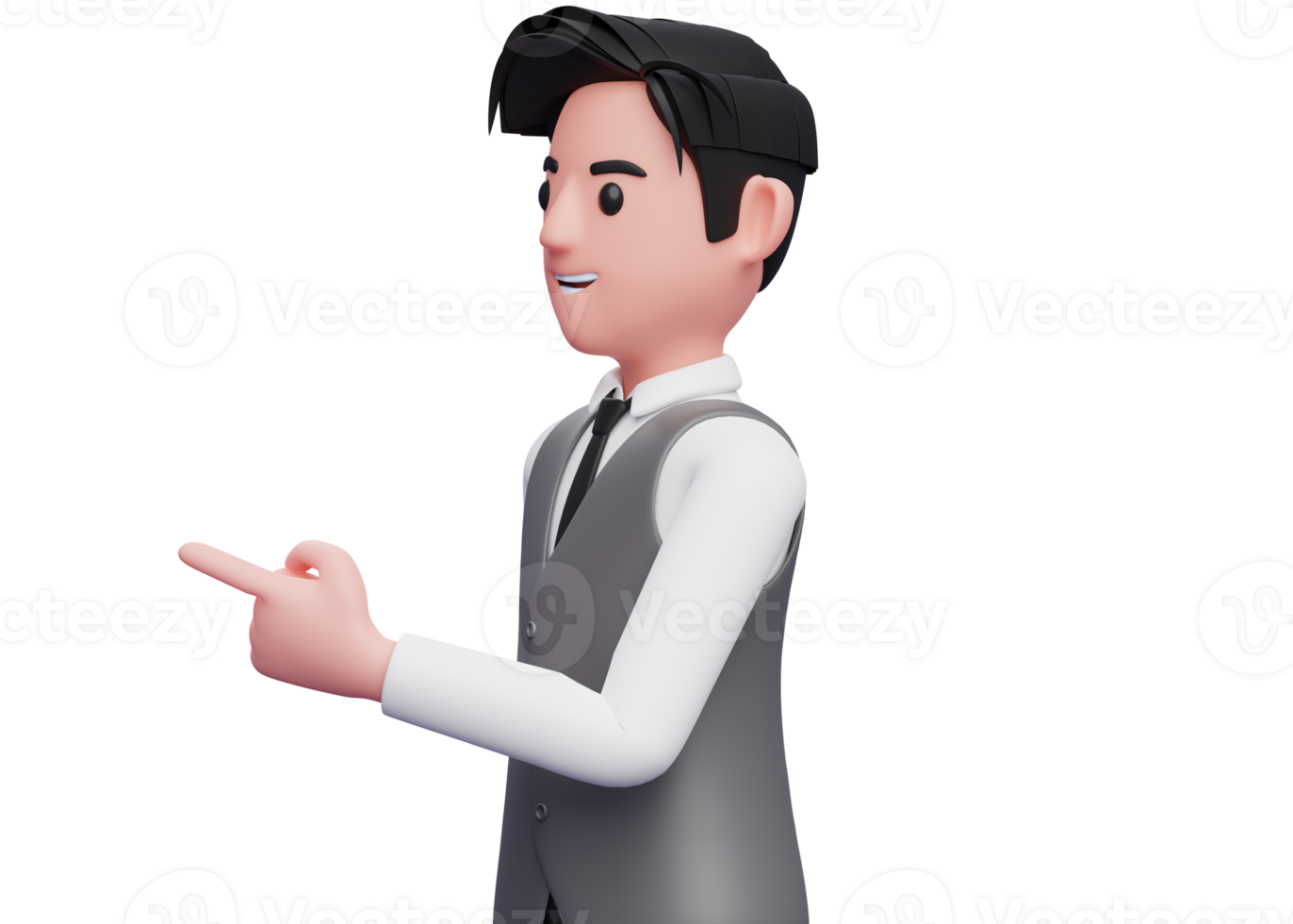 3d illustration of a man in gray vest suit facing side and pointing, businessman in gray vest suit pointing illustration png