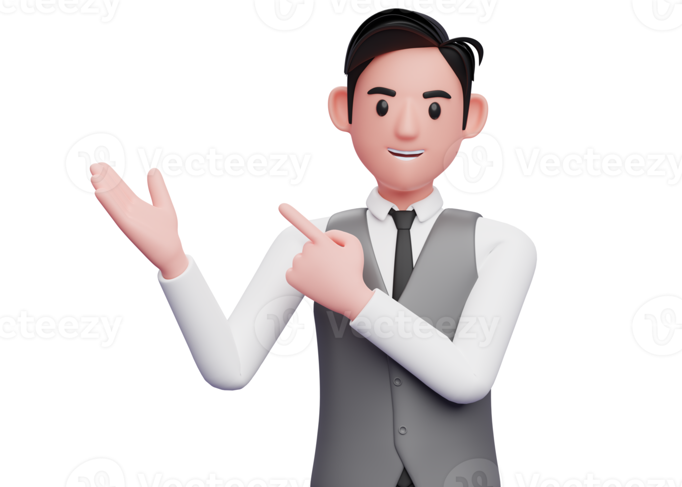 businessman in gray vest suit Pointing and recommending pose, 3d illustration of businessman in gray vest suit pointing side up png