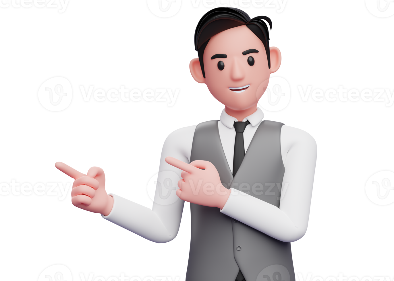 hombre con traje de chaleco gris apuntando hacia el lado con ambos dedos índices, ilustración 3d de un hombre de negocios inteligente apuntando png