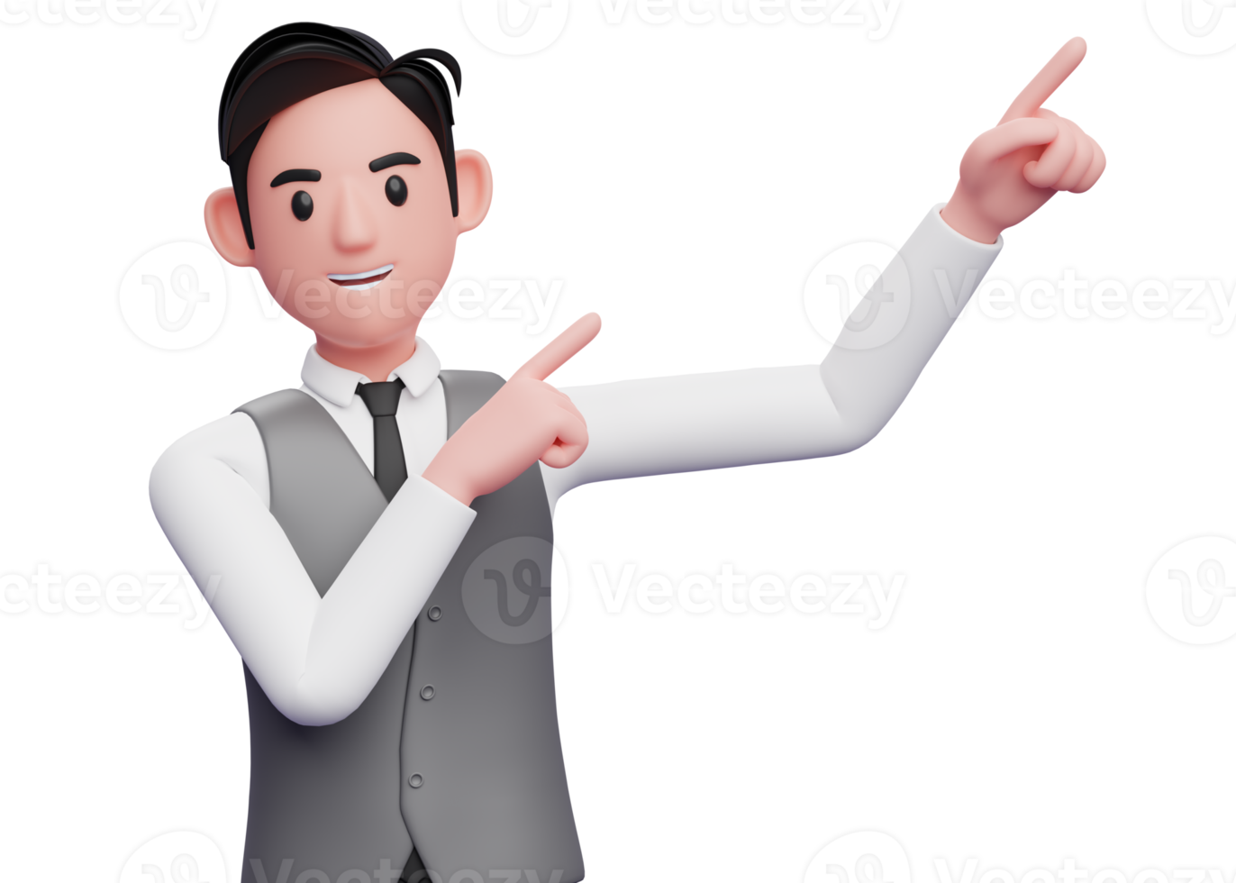 businessman in gray vest suit raising both hands pointing to the top right corner, 3d illustration of a businessman pointing to the top right corner with both finger png