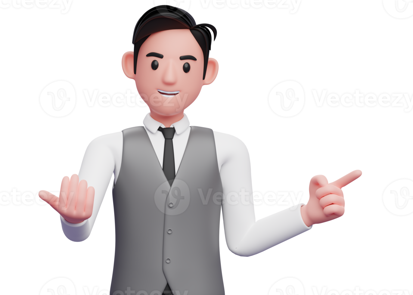 businessman in gray vest suit doing come here gesture and pointing to the side, 3d illustration of a businessman pointing and inviting to join png