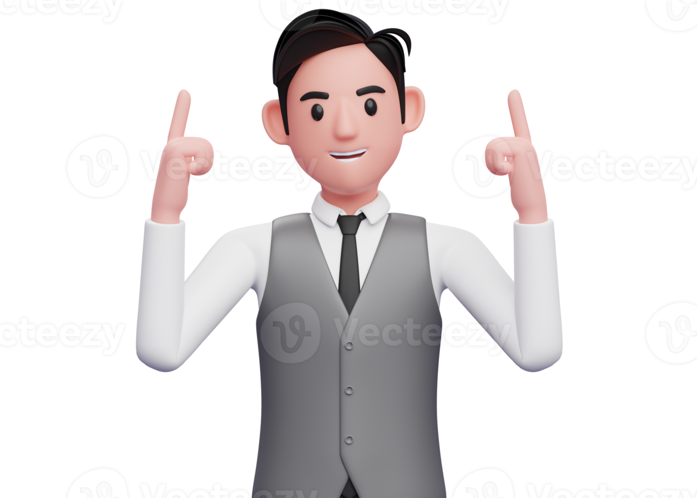 homme d'affaires en costume gilet gris pointant deux doigts vers le haut, illustration 3d d'un homme d'affaires pointant deux doigts vers le haut png