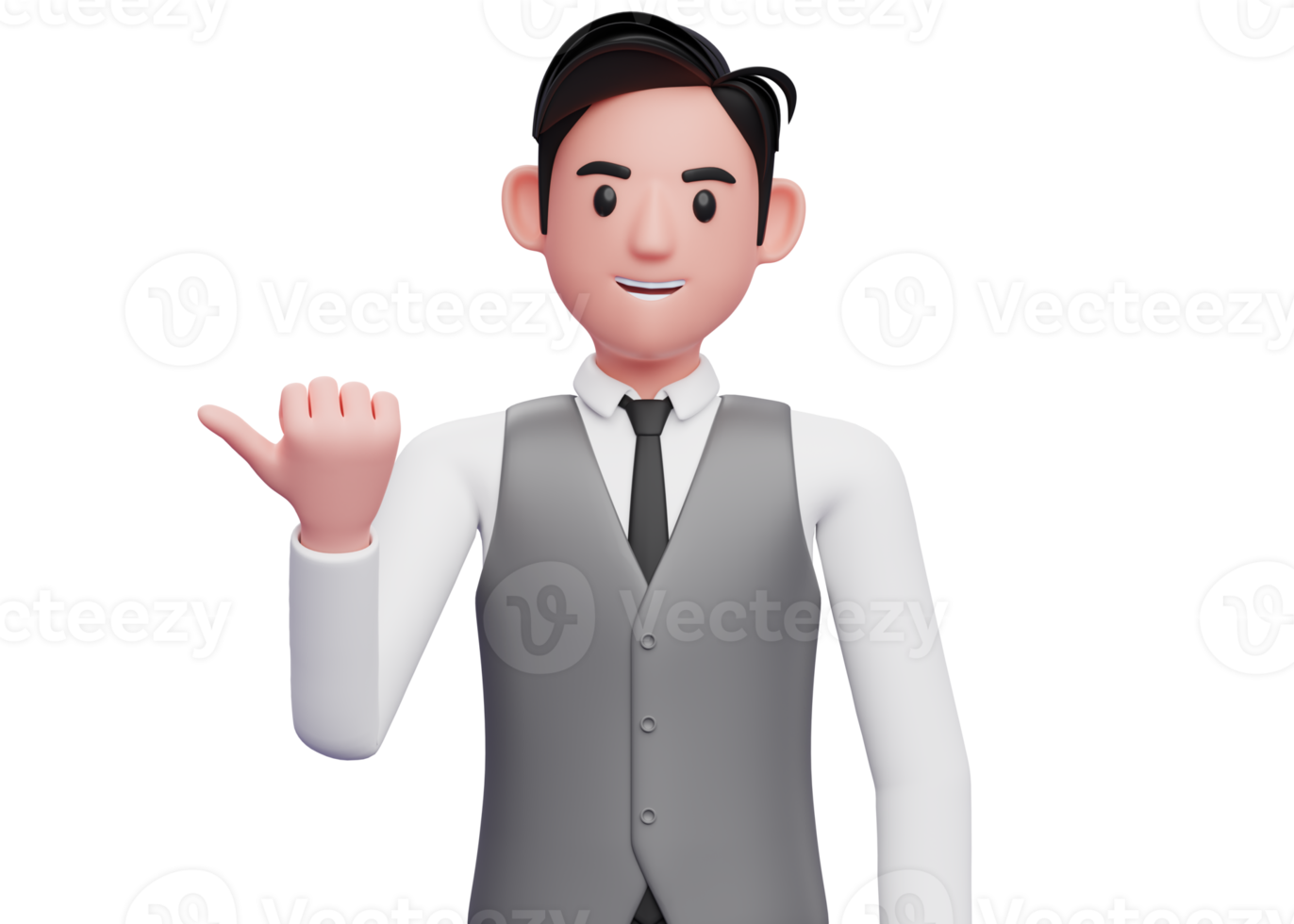 businessman in gray vest suit pointing with thumb aside looking at the camera, 3D illustration of businessman pointing with thumb png