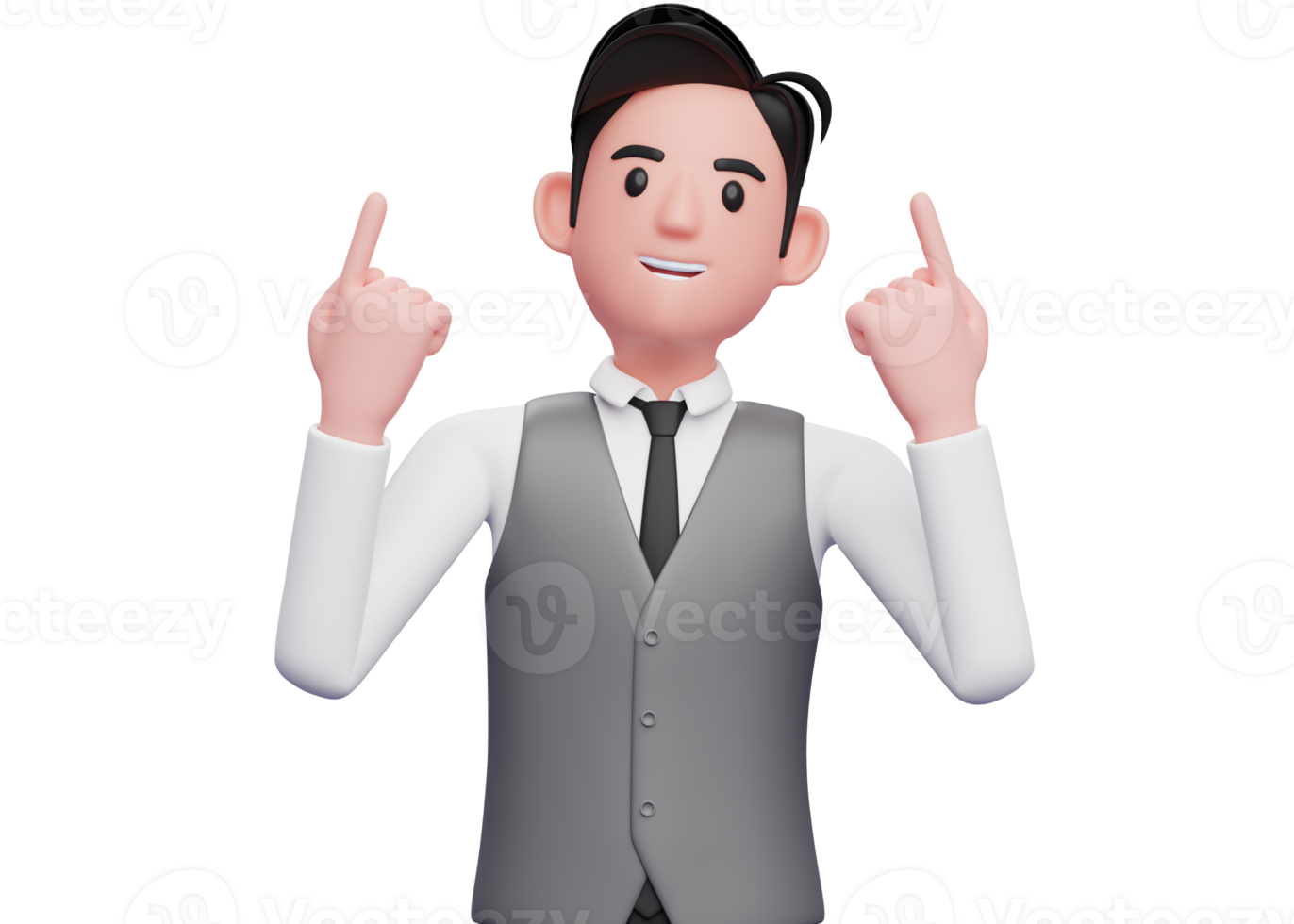 businessman in gray vest suit raises both index fingers and looks up, 3d illustration of a businessman pointing up being grateful png