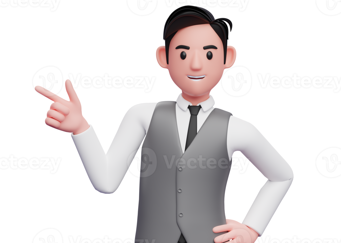 portrait of a businessman in gray vest suit pointing gun finger to the left, 3d illustration of a businessman in gray vest suit pointing with finger gun png